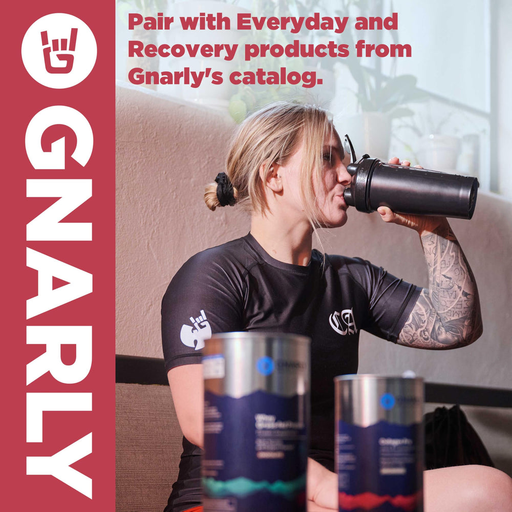 Pouring Gnarly Collagen Pro into a drink.