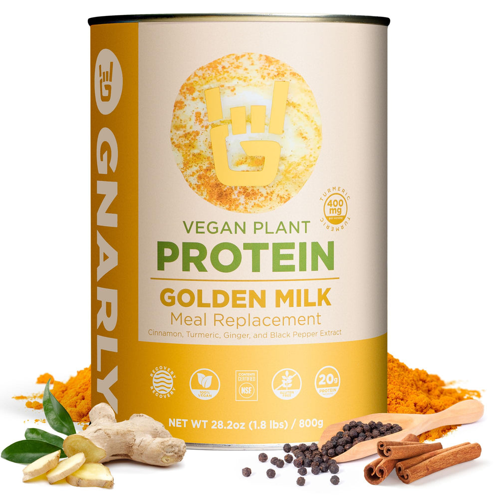 Gnarly Nutrition Golden Milk vegan protein powder canister, dairy-free protein for shakes.