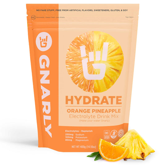 Gnarly Hydrate orange-pineapple tub ready for daily electrolyte hydration.