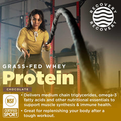 Gnarly Nutrition chocolate protein tub close-up showing grass-fed whey and NSF Sport certification.