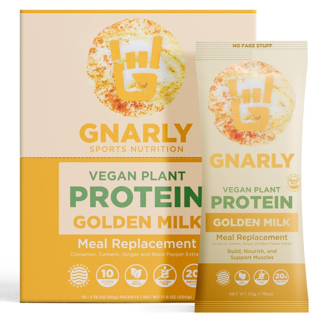 Gnarly Nutrition Golden Milk bottle with vegan protein blend for dairy-free smoothies.