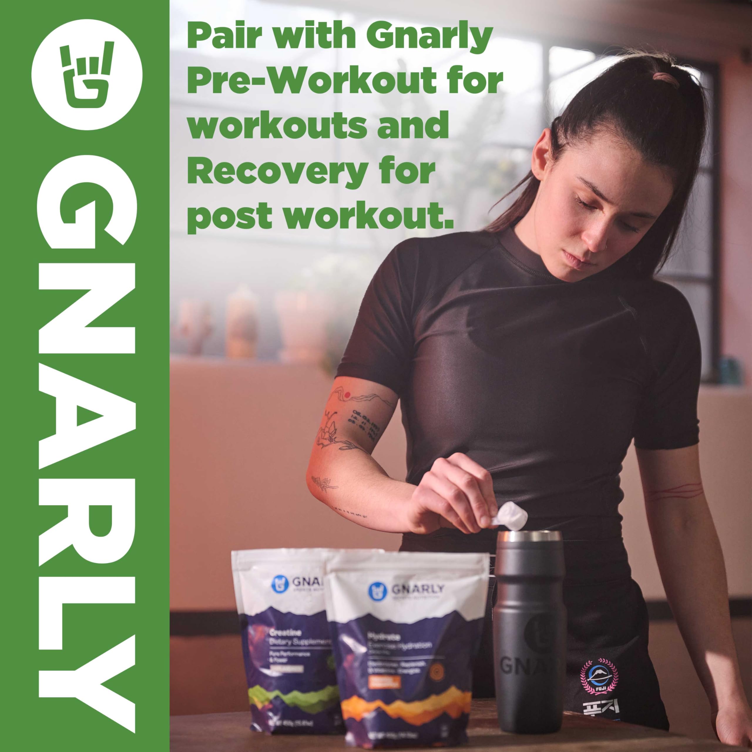 Gnarly Nutrition Greens featuring organic chlorella and spirulina for natural energy.
