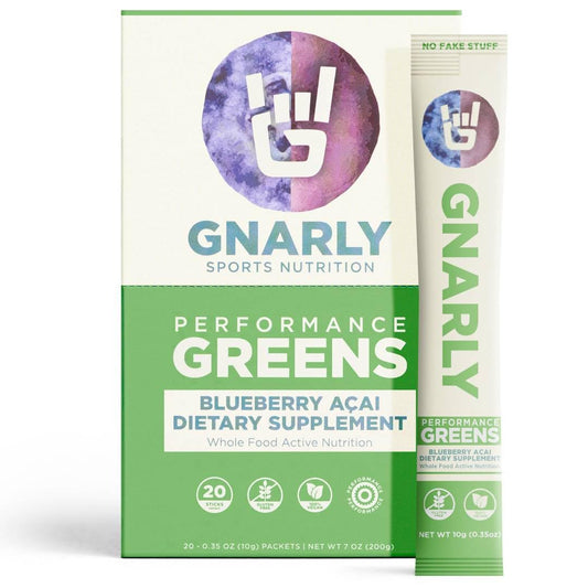 Gnarly Nutrition Greens Blueberry Acai stick-pack front, daily energy boost.