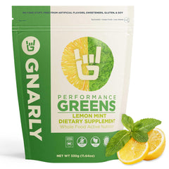Gnarly Nutrition Greens bottle with lemon mint, a convenient daily performance support.