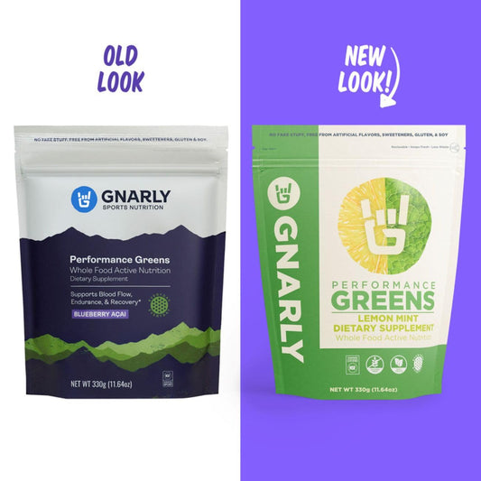 Gnarly Nutrition Greens powder scoop showcasing convenient, mixable formula.