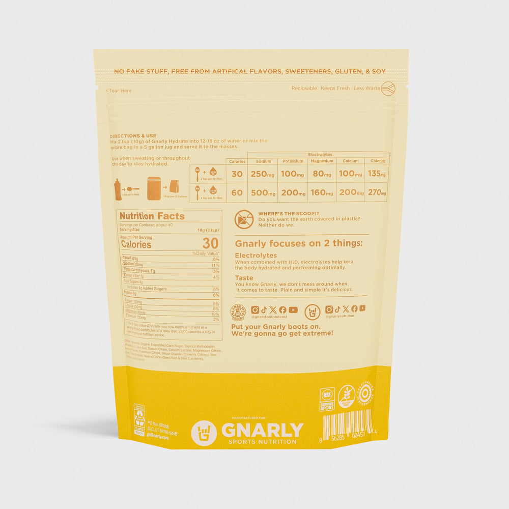 Ingredient list of Gnarly Hydrate Lemonade showing electrolyte lineup and flavor profile.