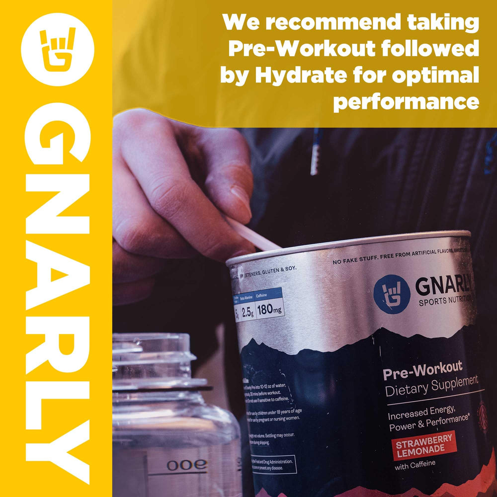 Gnarly Hydrate Lemonade packets laid out for travel-friendly nutrition.