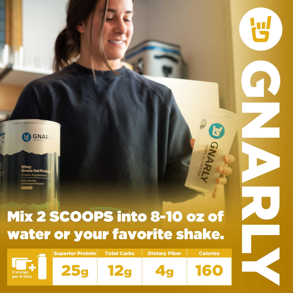 Gnarly Nutrition vanilla protein with pre and probiotics on label for digestion support.