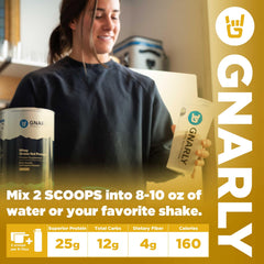 Gnarly Nutrition vanilla protein with pre and probiotics on label for digestion support.