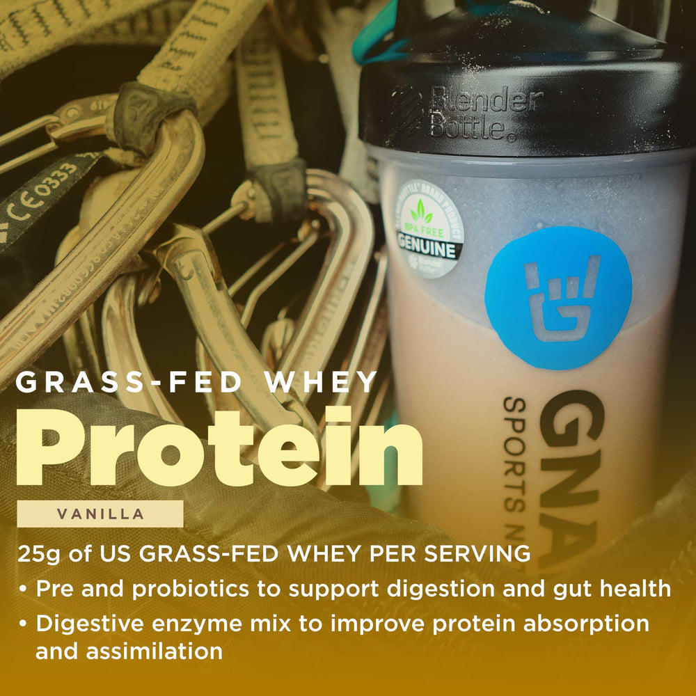 Gnarly Nutrition vanilla protein powder in shaker demonstrating easy mixability.