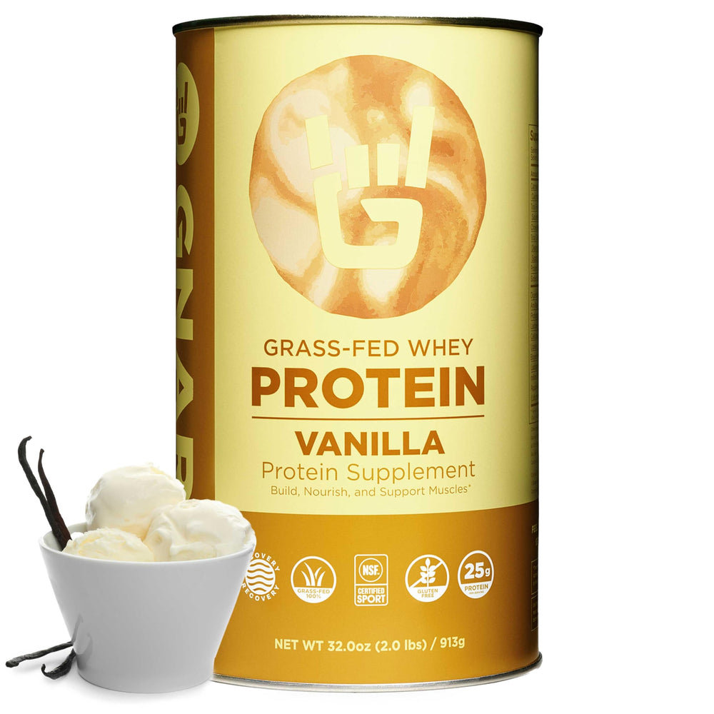 Gnarly Nutrition vanilla whey protein powder bag with 25 g protein per serving for post-workout recovery.