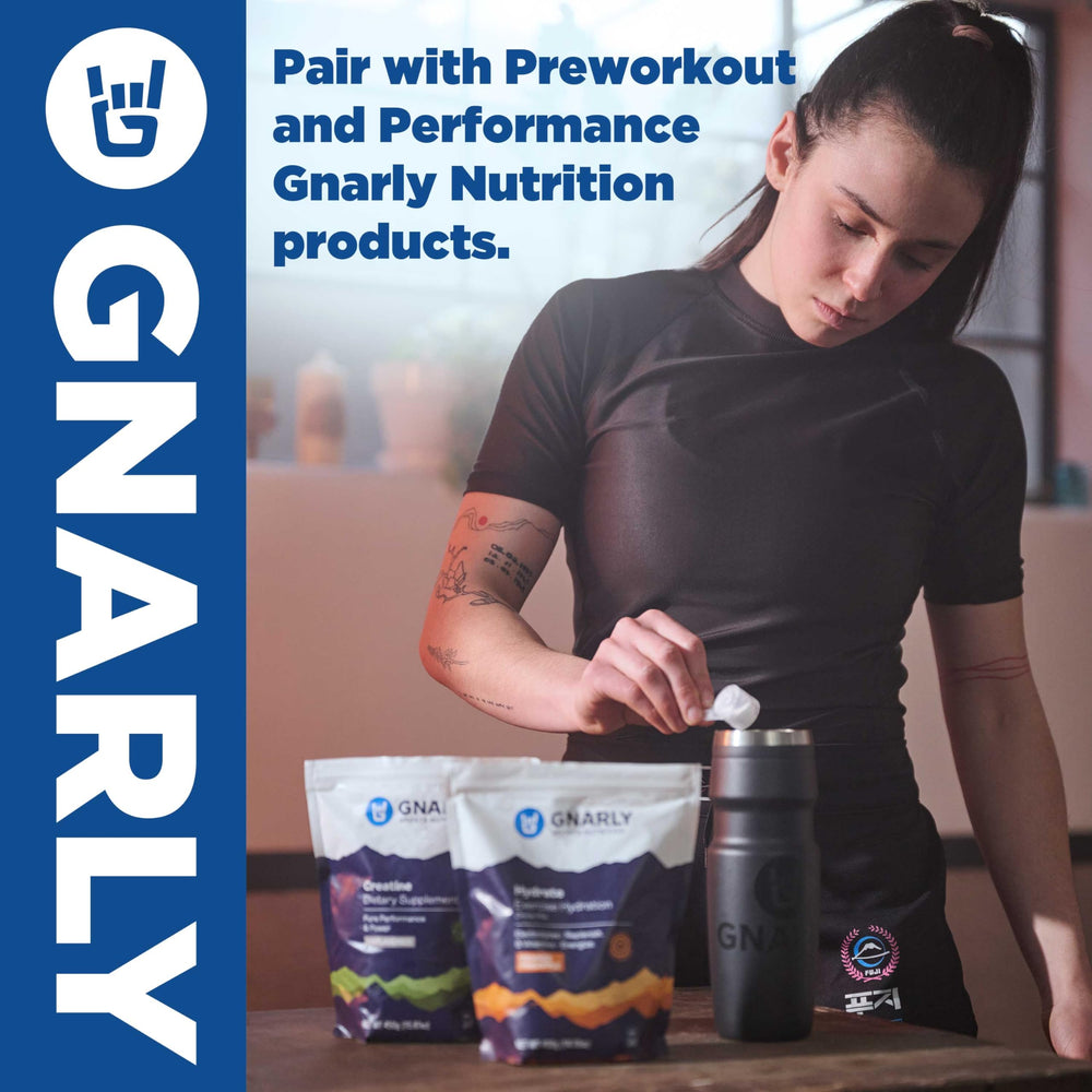 Outdoor training scene with a ready-to-drink Gnarly shake.