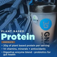 Prepared chocolate shake shown with rich texture and protein boost.