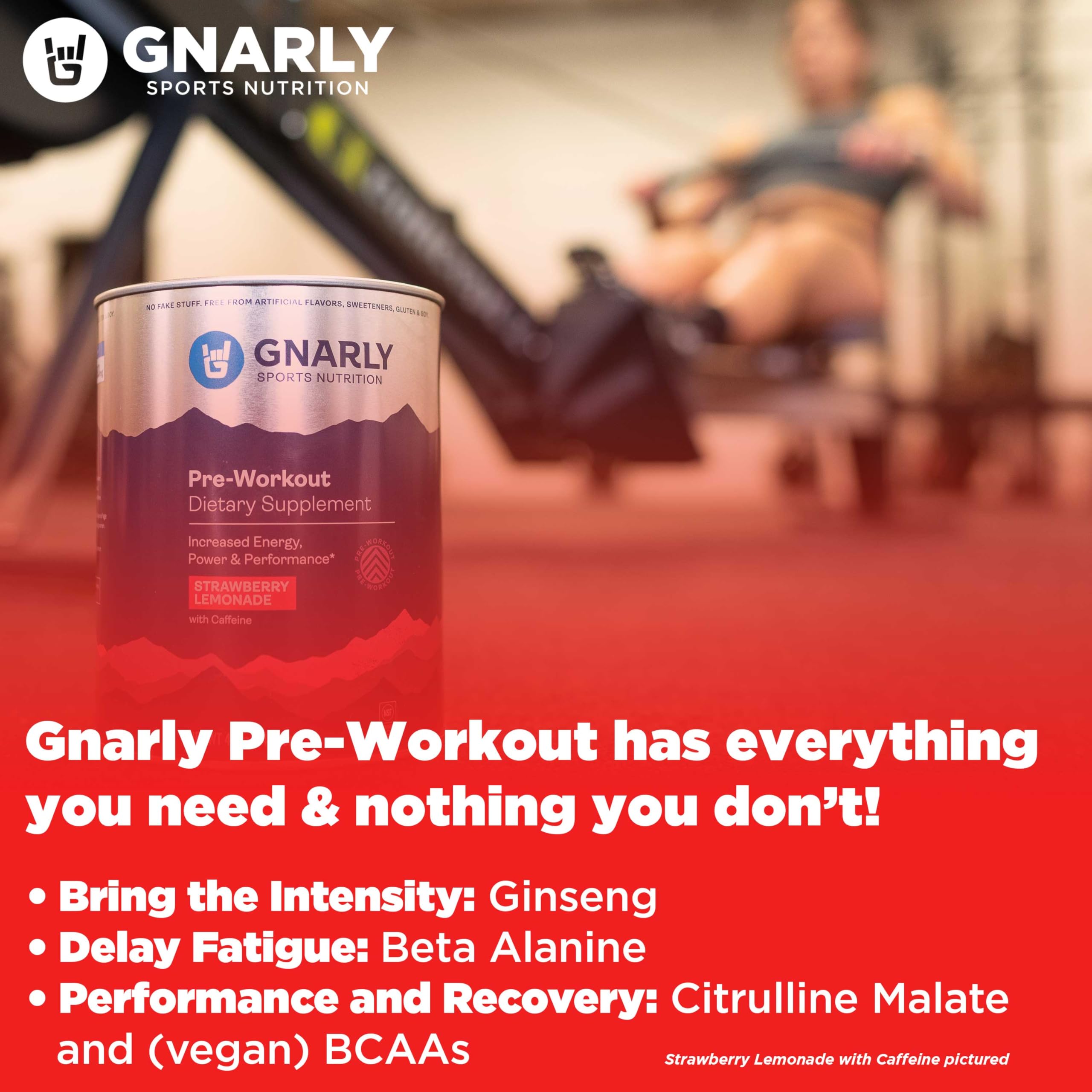 Gnarly pre-workout Strawberry Lemonade tub front with vegan credentials