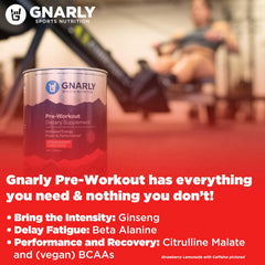 Gnarly pre-workout Strawberry Lemonade tub front with vegan credentials
