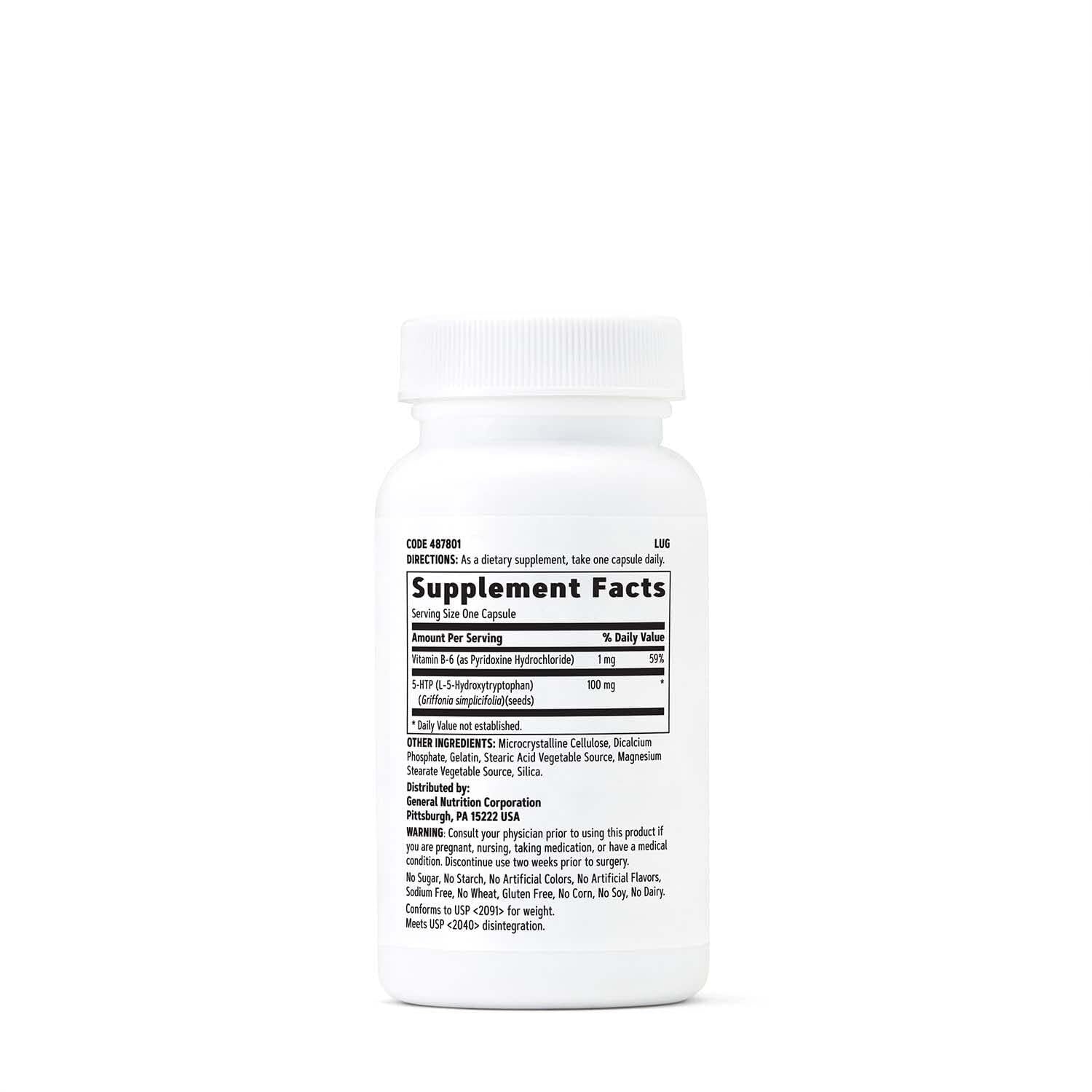 GNC 5-HTP 100mg bottle label highlights gluten-free formulation for sensitive diets