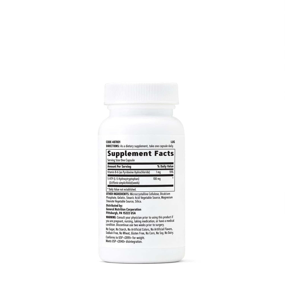 GNC 5-HTP 100mg bottle label highlights gluten-free formulation for sensitive diets