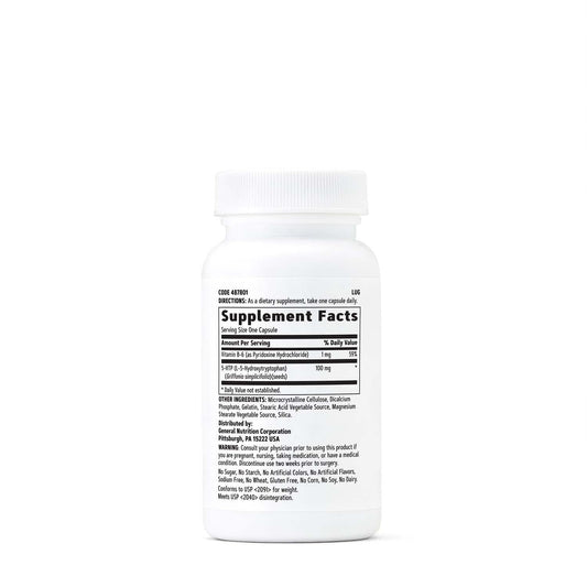 GNC 5-HTP 100mg bottle label highlights gluten-free formulation for sensitive diets