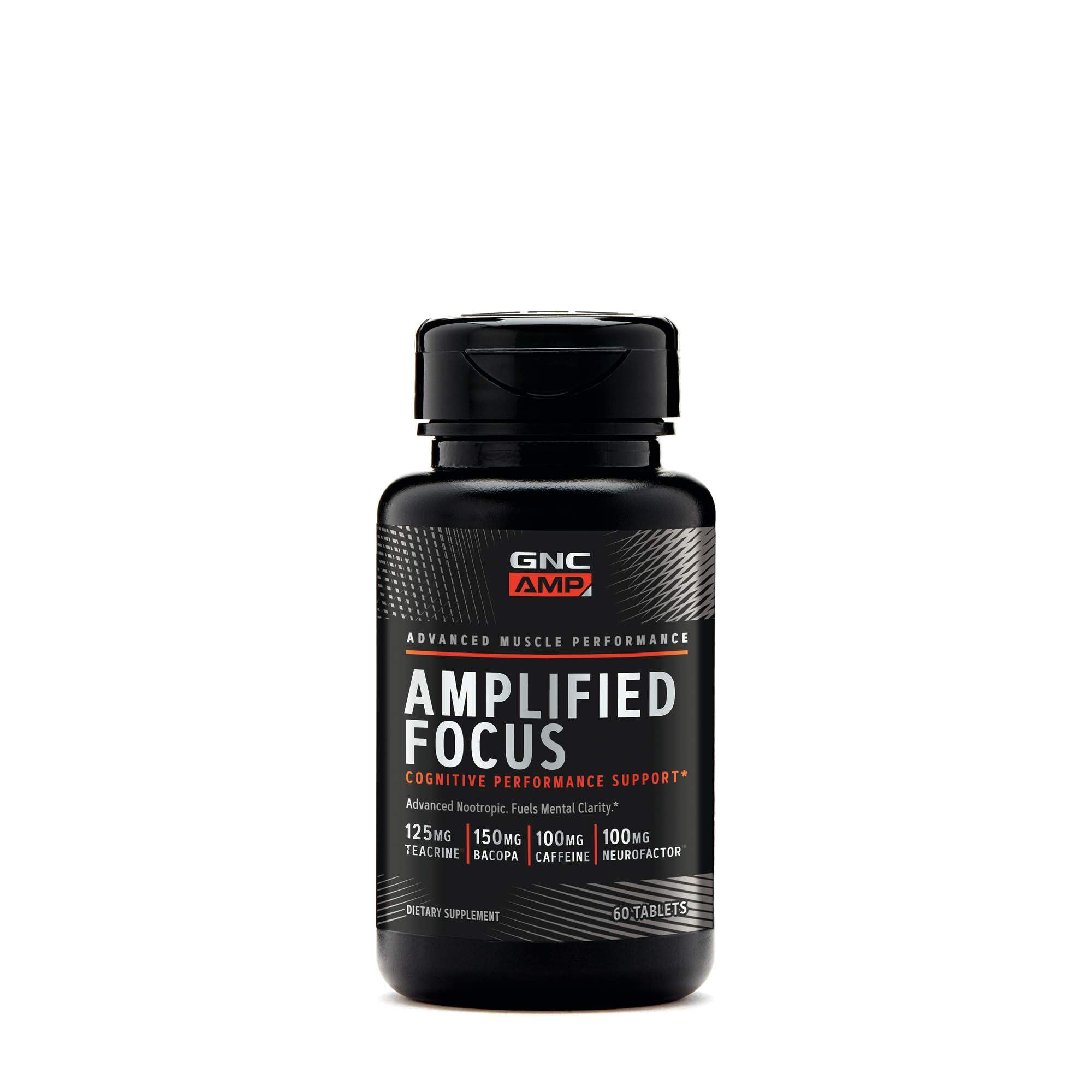 GNC AMP Amplified Focus tablets bottle supports study focus and workout clarity
