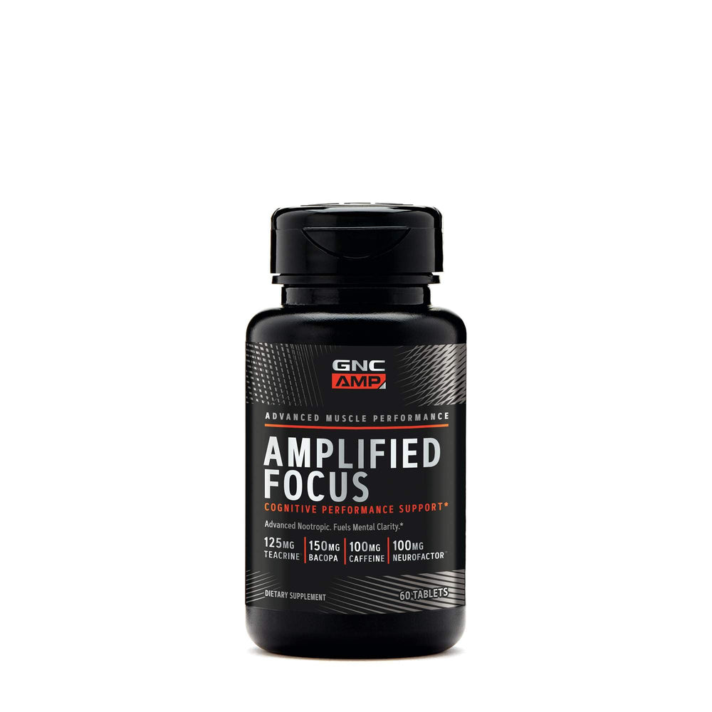 GNC AMP Amplified Focus tablets bottle supports study focus and workout clarity