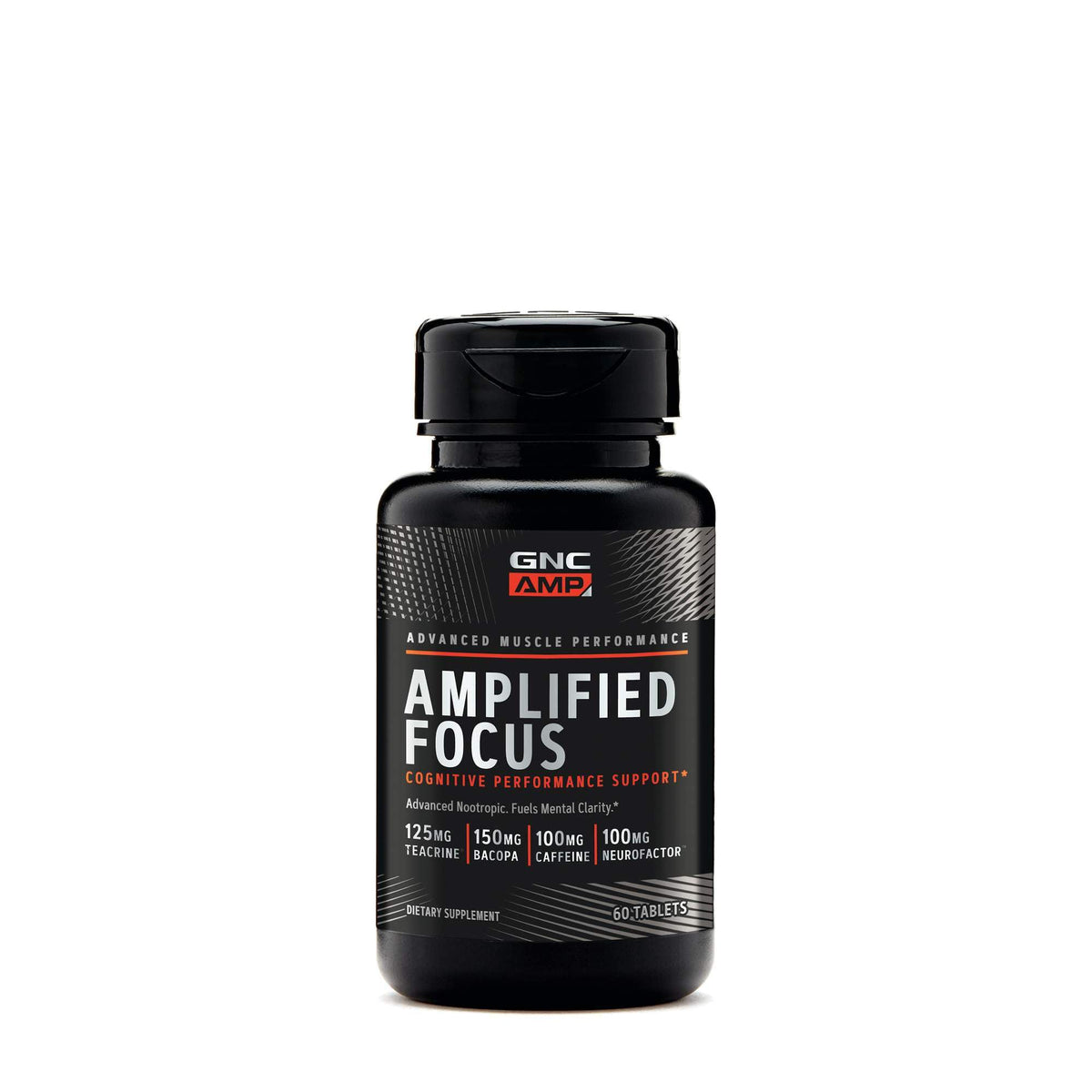 GNC AMP Amplified Focus tablets bottle supports study focus and workout clarity