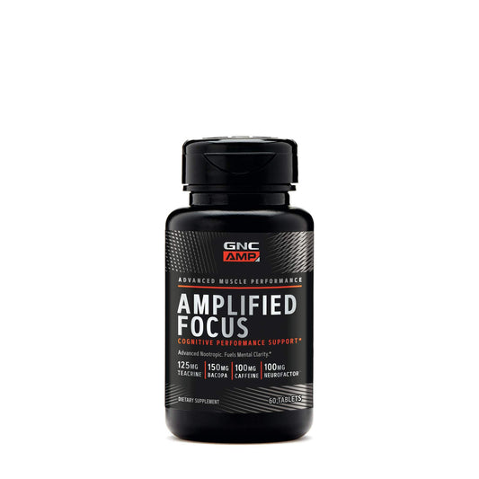 GNC AMP Amplified Focus tablets bottle supports study focus and workout clarity