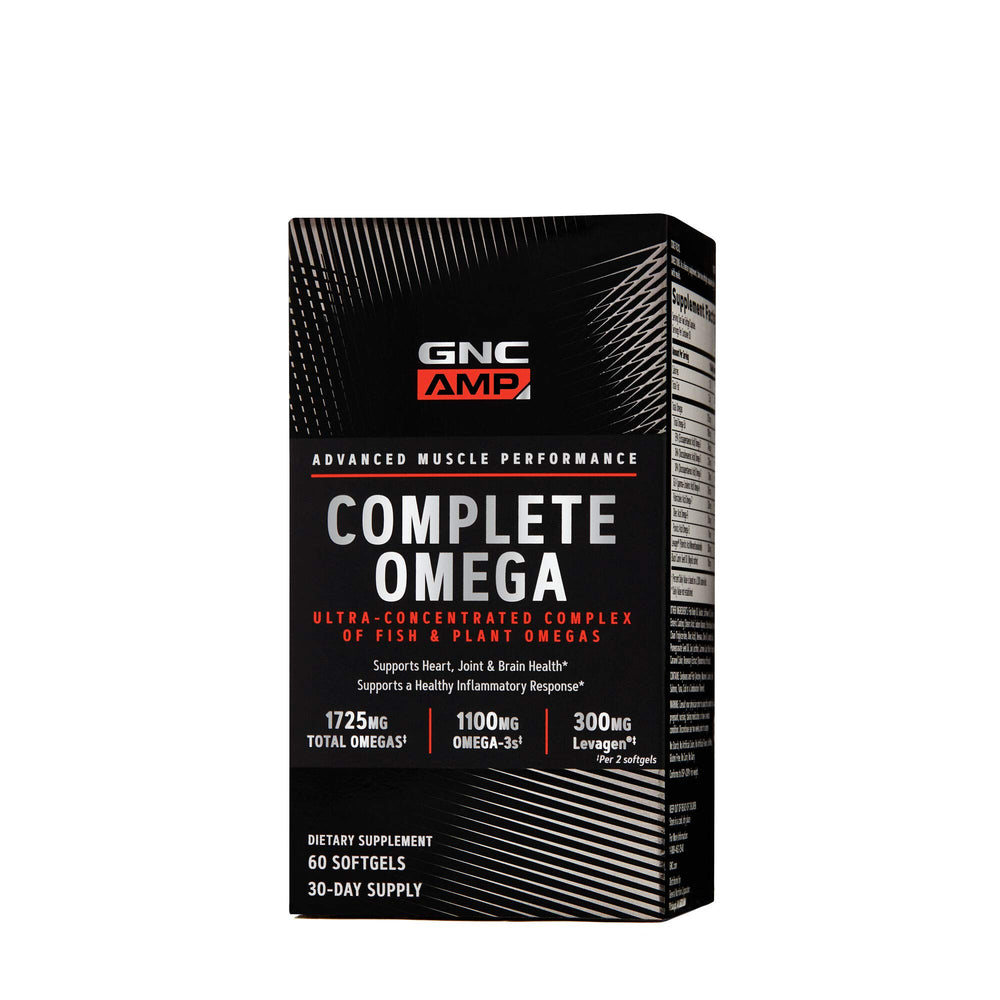 GNC AMP Complete Omega bottle pouring capsules for daily heart and brain support