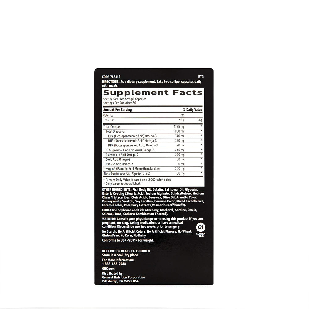 GNC AMP Complete Omega capsules close-up highlighting omega-3 content