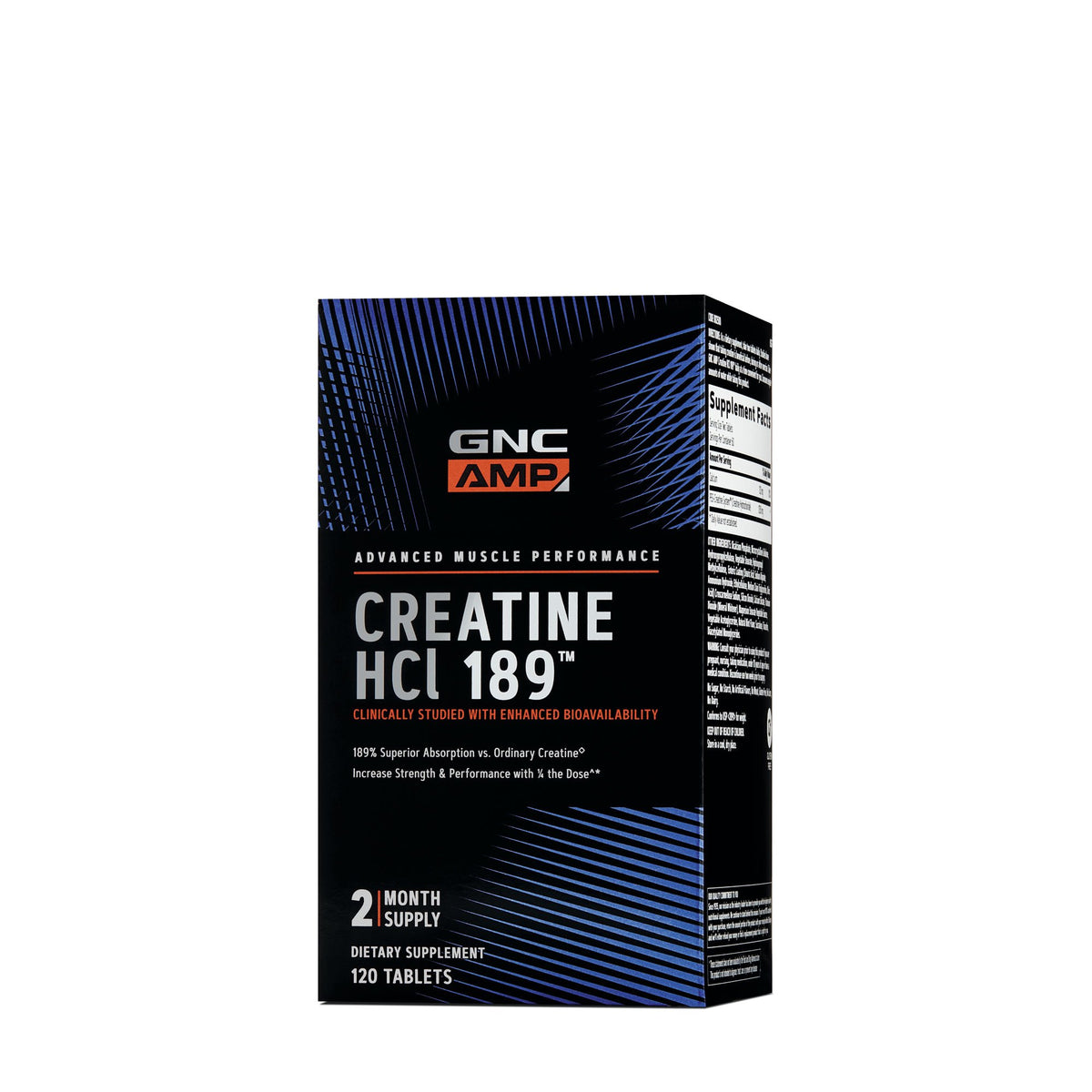 GNC AMP Creatine HCl 189 bottle close-up showing energy support for workouts