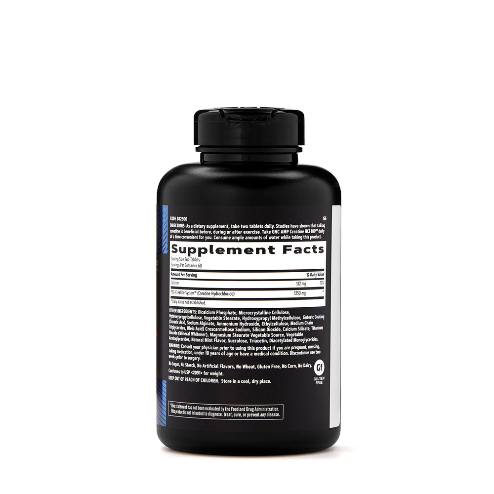 GNC AMP Creatine HCl 189 label close-up highlighting clinically studied formula