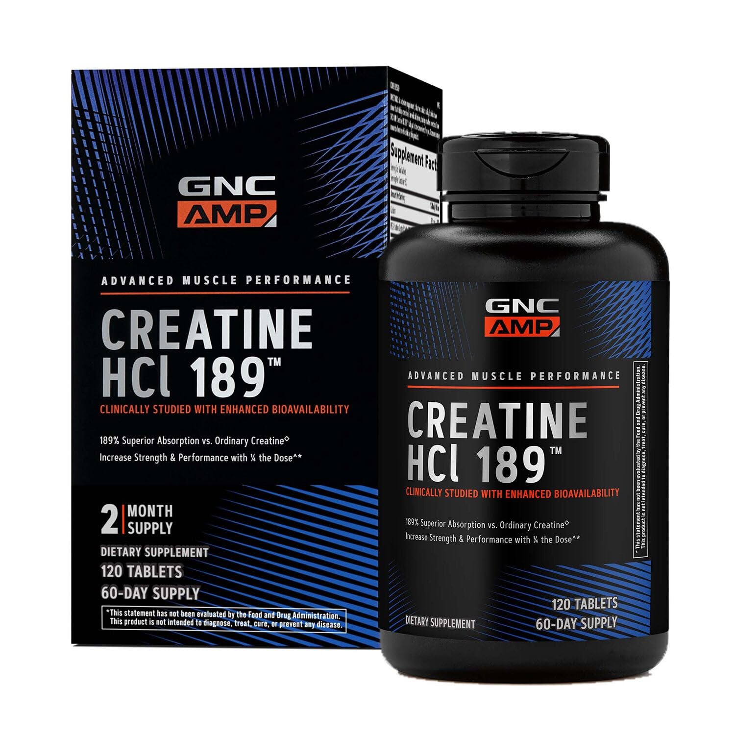 GNC AMP Creatine HCl 189 pills bottle front displaying gluten‑free formula benefits.