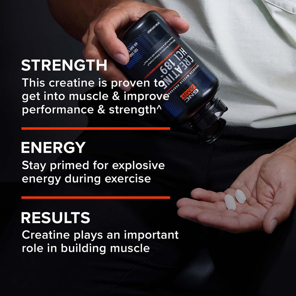 GNC AMP Creatine HCl 189 pills gluten‑free seal on container.