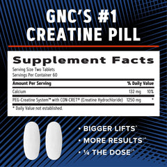 GNC AMP Creatine HCl 189 pills with measuring scoop ready for workouts.