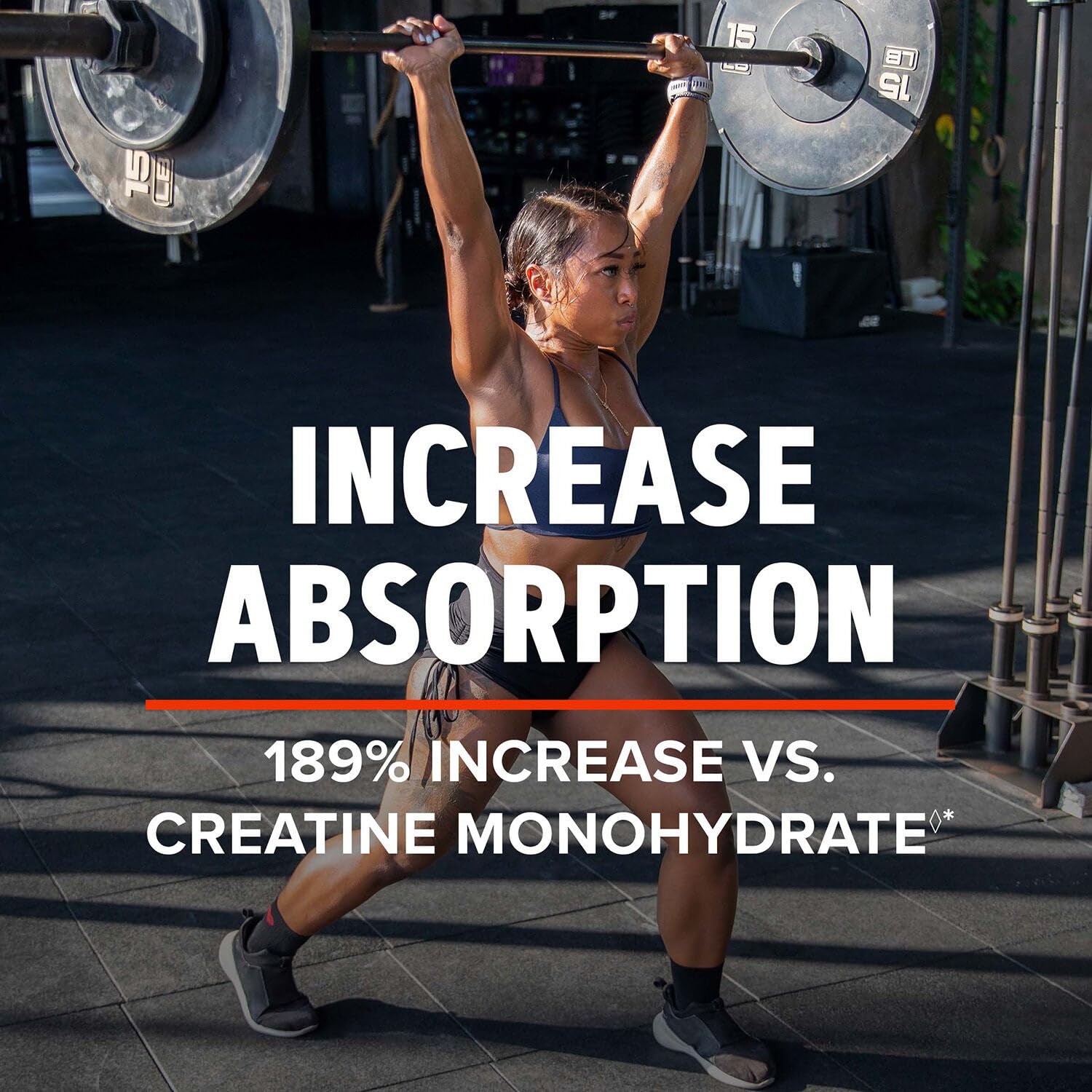 GNC AMP Creatine HCl 189 pills poured from scoop for easy dosing.