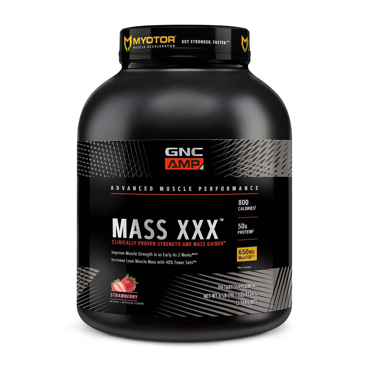 GNC AMP Mass XXX bottle showing a high-calorie mass gainer for strength training.