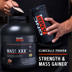 GNC AMP Mass XXX label highlights MyoTOR and creatine ingredients.