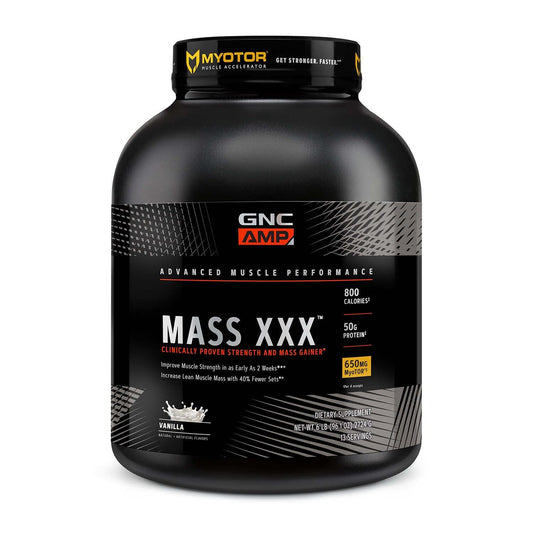 GNC AMP Mass XXX tub front showing a protein‑powered mass gainer for strength