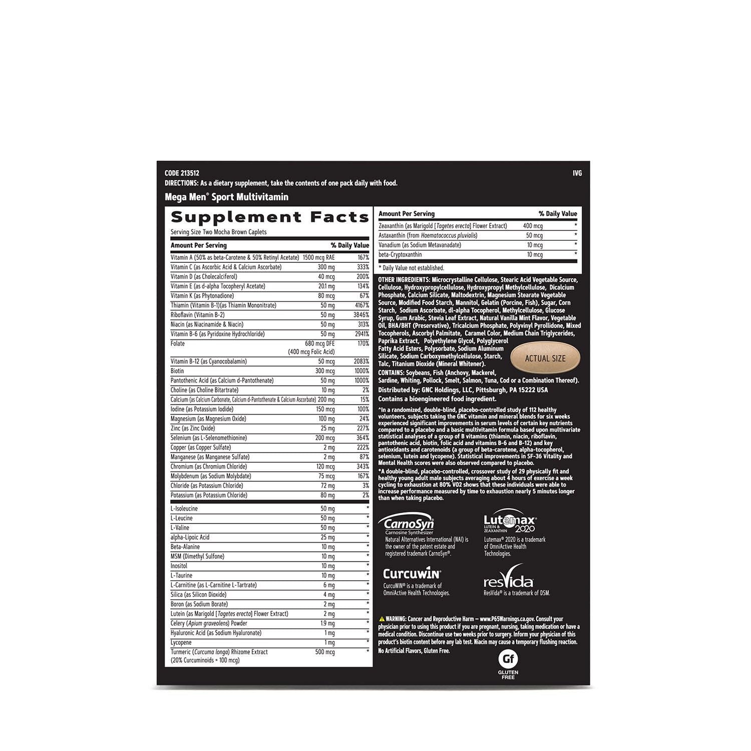 GNC AMP Men’s Vitapak ingredients closeup emphasizing the 5-in-1 design for performance support