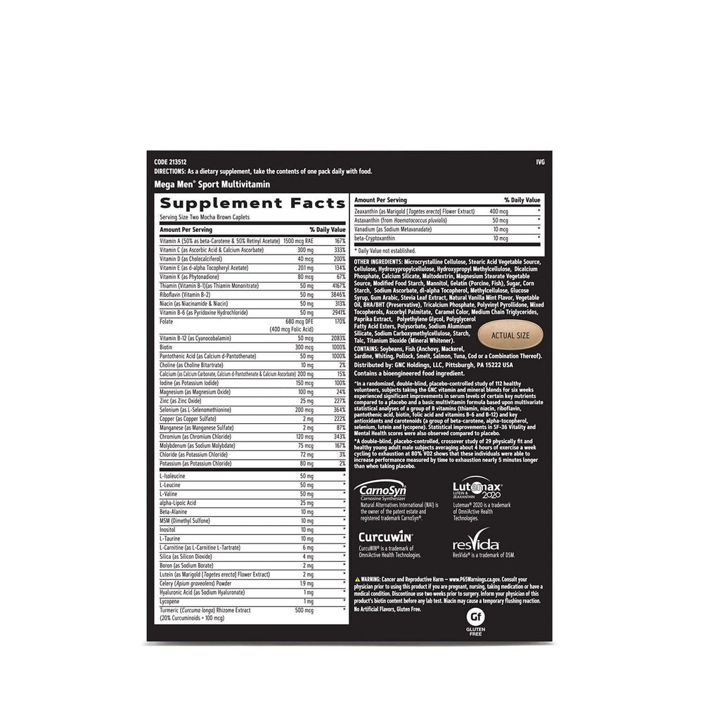 GNC AMP Men’s Vitapak ingredients closeup emphasizing the 5-in-1 design for performance support