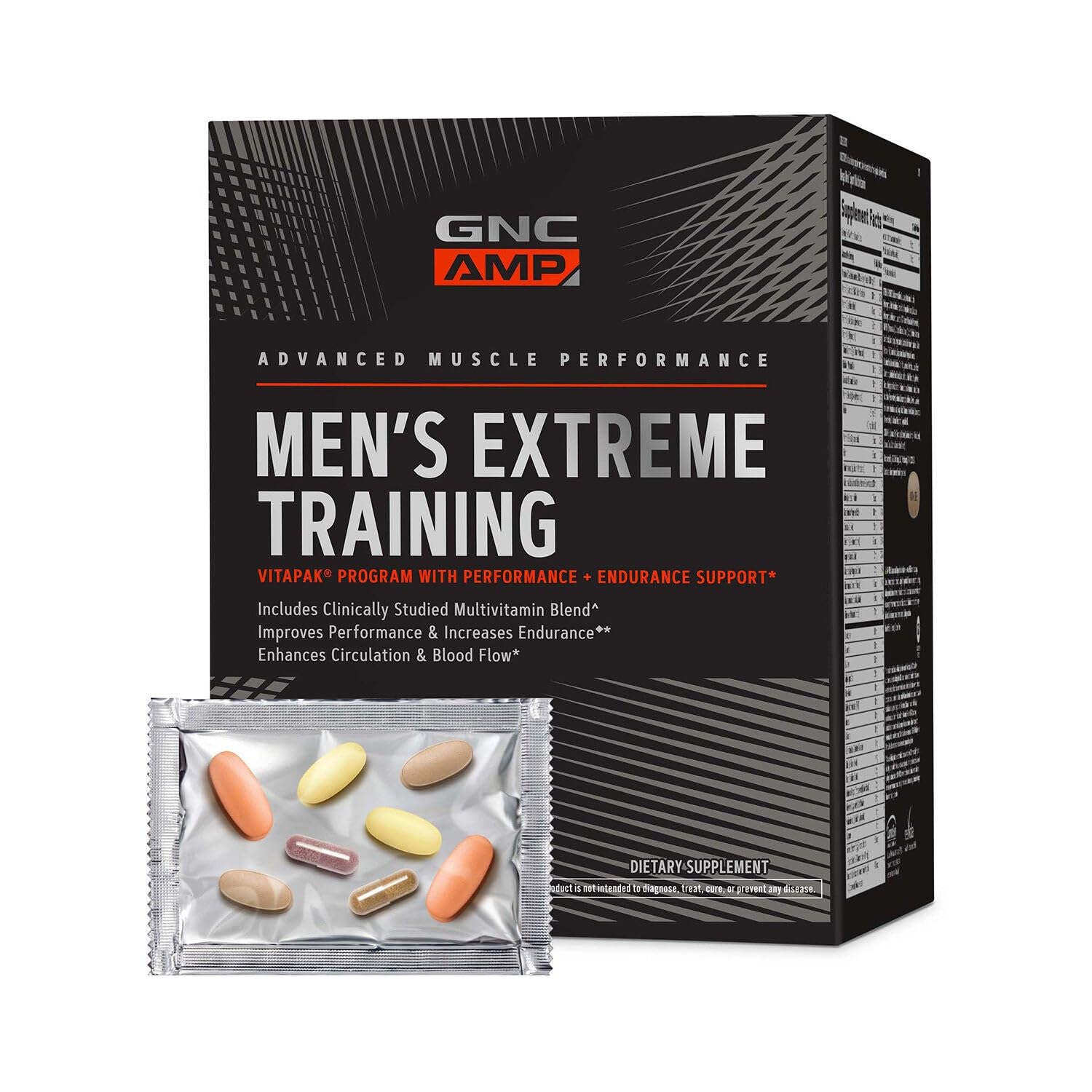 GNC AMP Men’s Vitapak pack front view showing 5-in-1 performance support for workouts