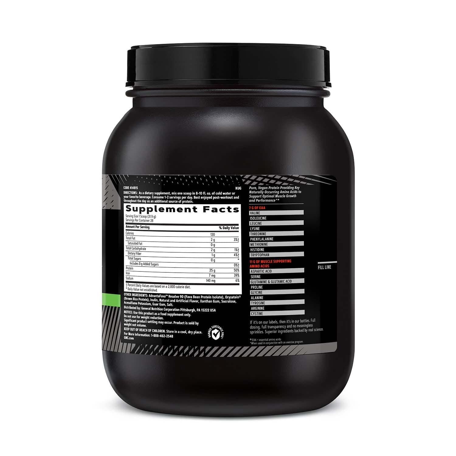 GNC AMP Plant Isolate Protein Vanilla Cookie pour shot, suggesting quick shake prep after workouts