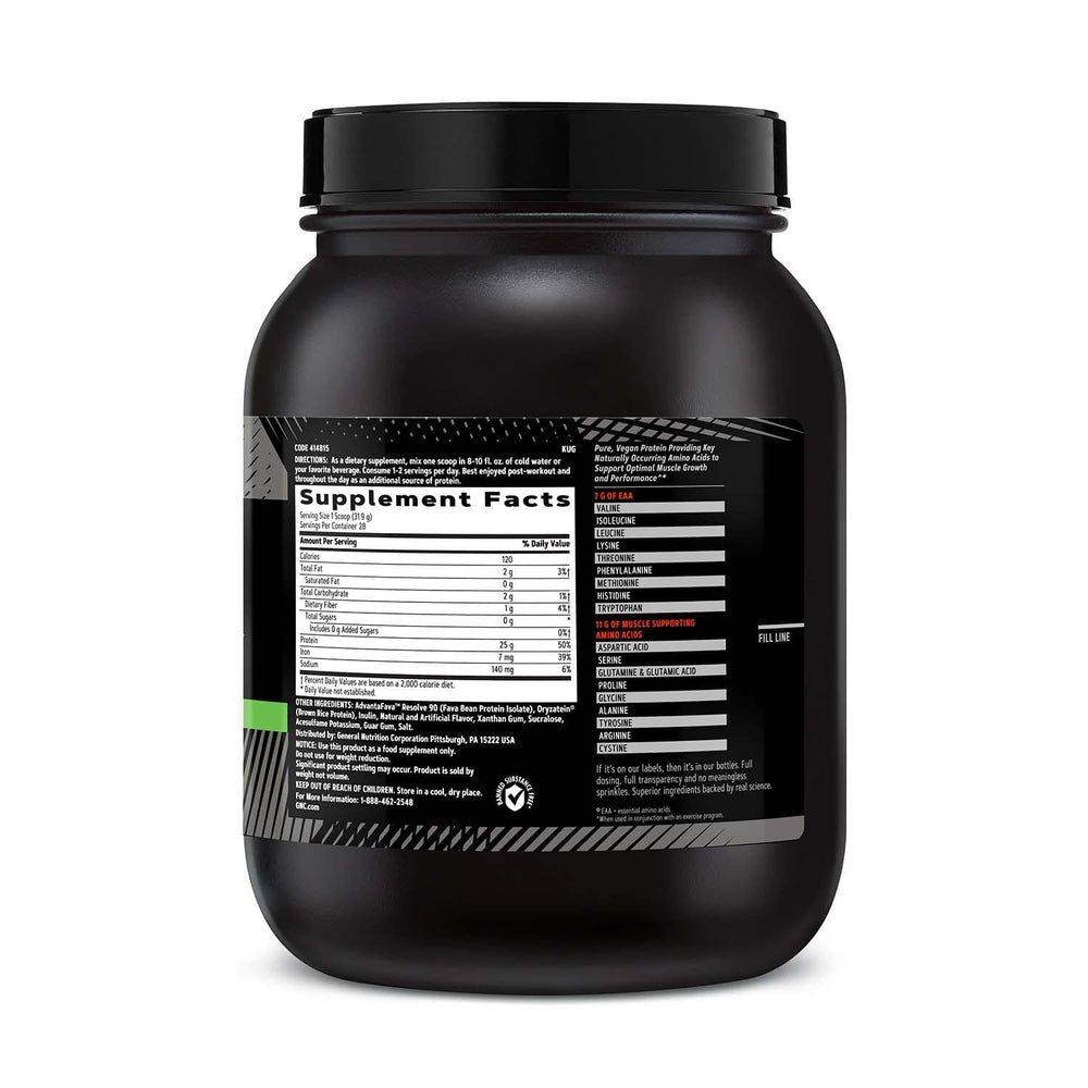 GNC AMP Plant Isolate Protein Vanilla Cookie pour shot, suggesting quick shake prep after workouts