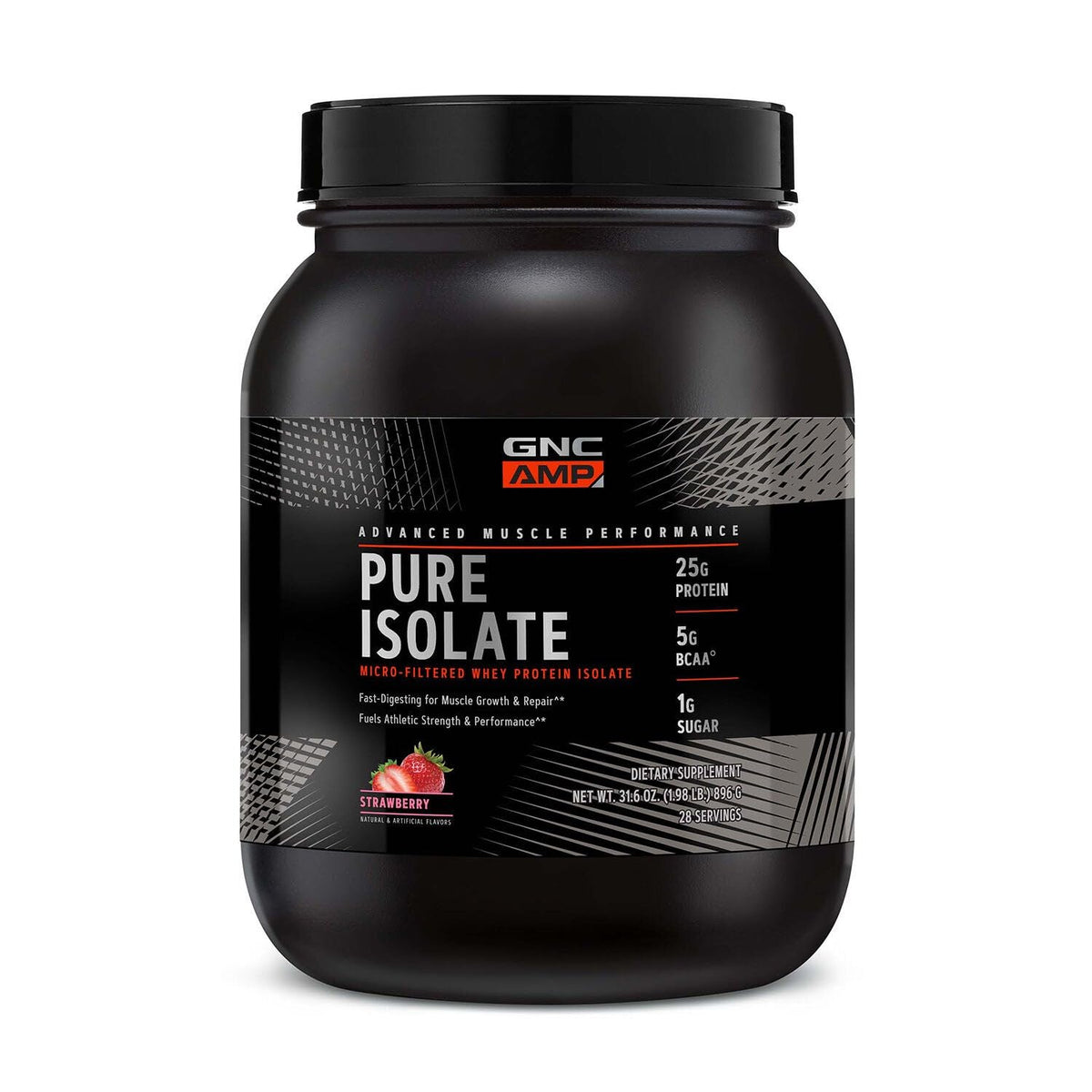 GNC AMP Pure Isolate Strawberry bottle shows post-workout protein option