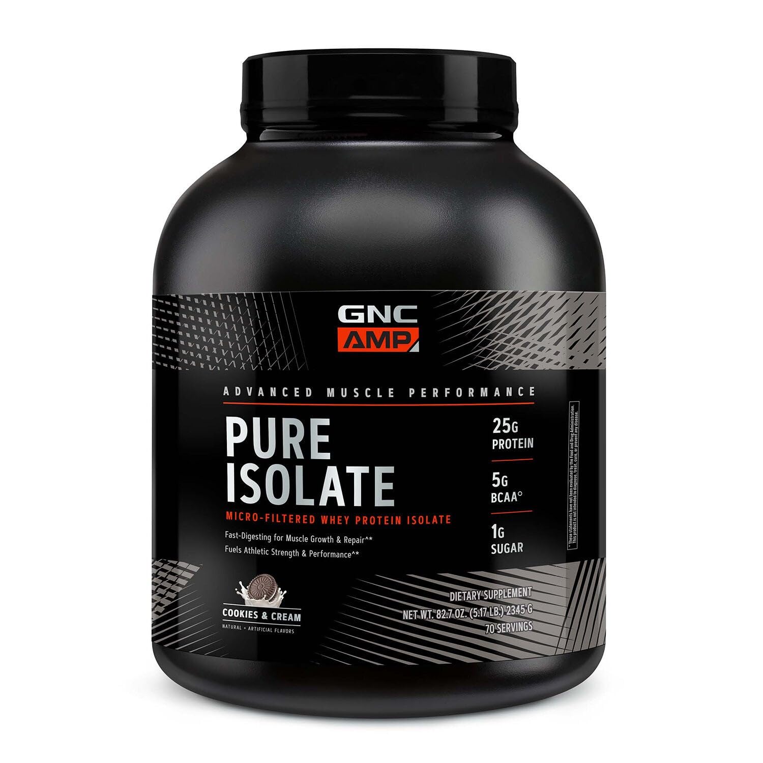 GNC AMP Pure Isolate Cookies and Cream tub front shows high-purity protein for fast recovery.