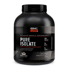GNC AMP Pure Isolate Cookies and Cream tub front shows high-purity protein for fast recovery.