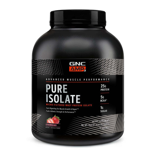 GNC AMP Pure Isolate Whey Protein Strawberry bottle shows high protein workout support