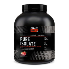 GNC AMP Pure Isolate Whey Protein Strawberry bottle shows high protein workout support