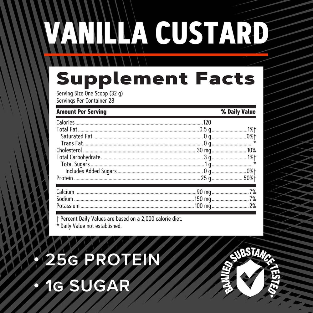 GNC AMP Pure Isolate Vanilla Custard powder being mixed in a glass