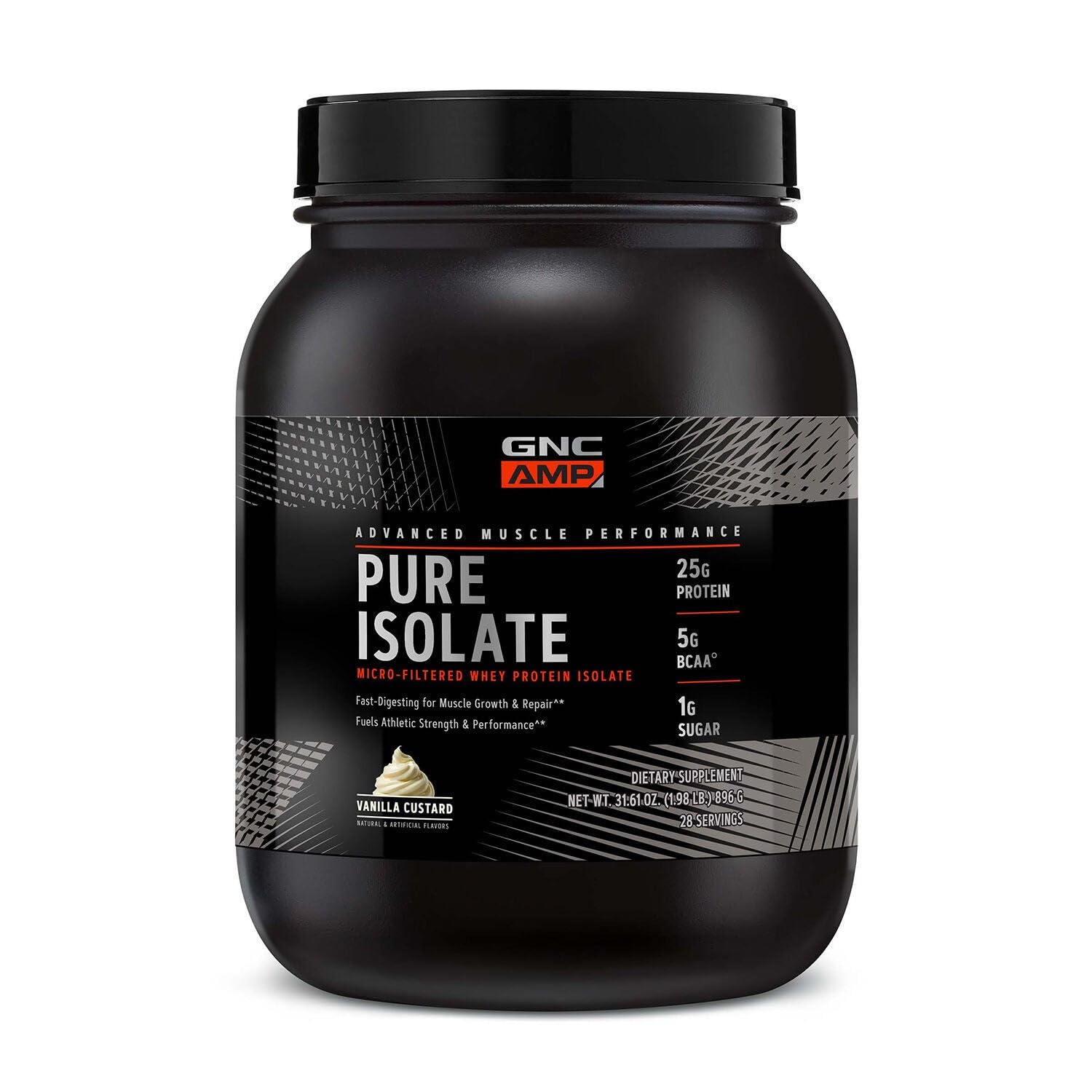 GNC AMP Pure Isolate Vanilla Custard tub displayed for high quality post-workout protein
