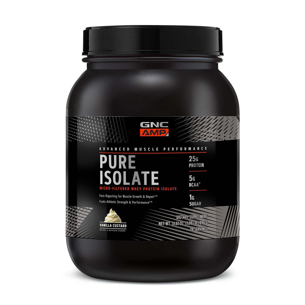 GNC AMP Pure Isolate Vanilla Custard tub displayed for high quality post-workout protein